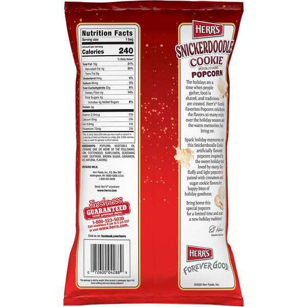 Herr's Snickerdoodle Cookie Artificially Flavored Popcorn back