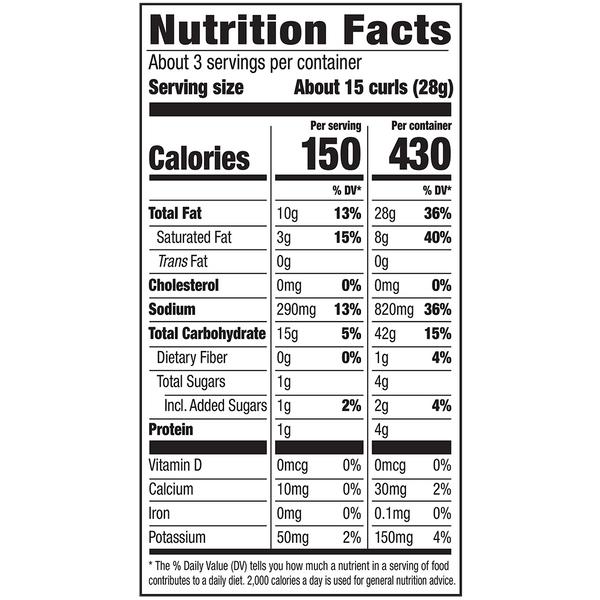 Jalapeno Poppers Flavored Cheese Curls 2.75oz bag nutrition