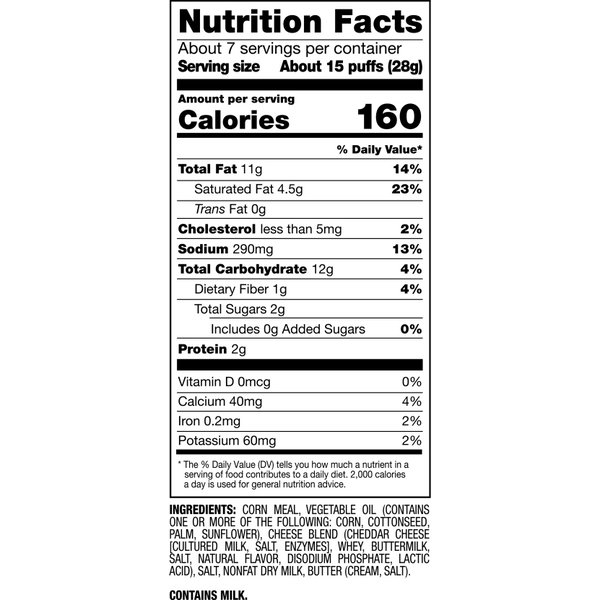 Nutrition Facts and Ingredients For White Cheddar Puffs