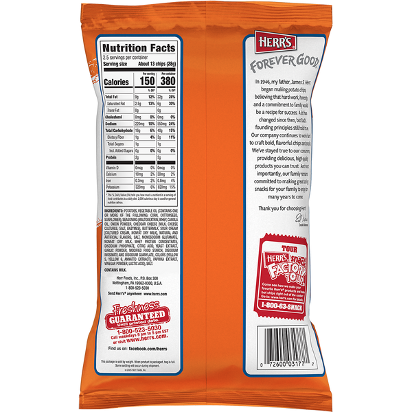 Herr's Cheddar and Sour Cream Ripple Chips 2.5oz bag back