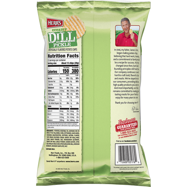 Herr's Creamy Dill Pickle Ripple Potato Chips 2.5oz bag back