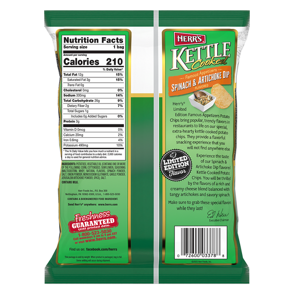 Famous Appetizers Spinach & Artichoke Dip Flavored Kettle Cooked Chips *LIMITED TIME FLAVOR* 2oz back