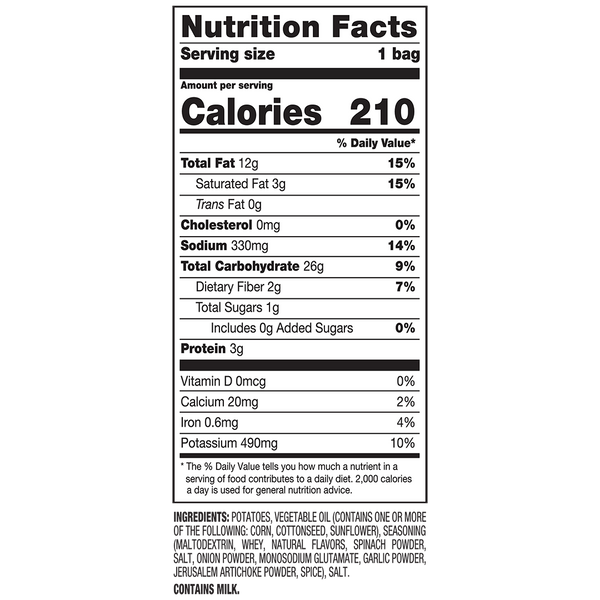 Famous Appetizers Spinach & Artichoke Dip Flavored Kettle Cooked Chips *LIMITED TIME FLAVOR* 2oz nutrition