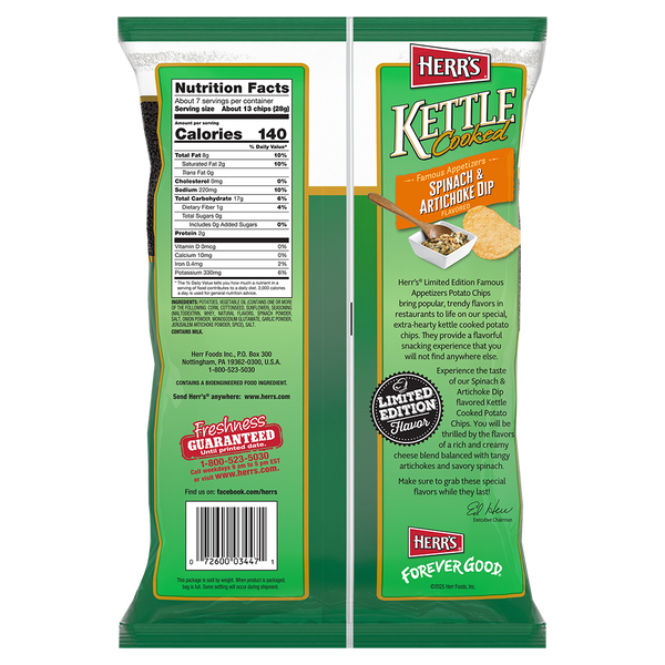 Famous Appetizers Spinach & Artichoke Dip Flavored Kettle Cooked Chips *LIMITED TIME FLAVOR* 6.5oz back