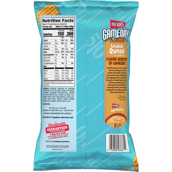 Herr's GameDay Flavors Loaded Queso Potato Chips 2.375oz bag back
