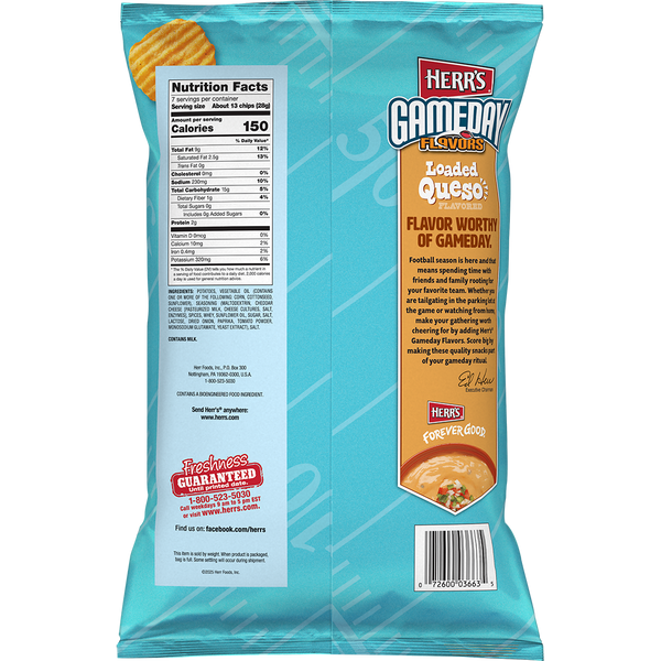 Herr's GameDay Flavors Loaded Queso Potato Chips 7oz bag back