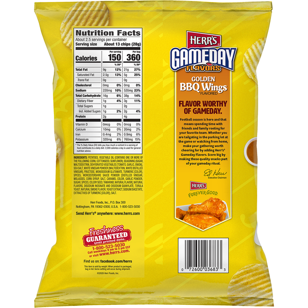 Herr's Gameday Flavors Golden BBQ Wings Potato Chips 2.375oz bag back