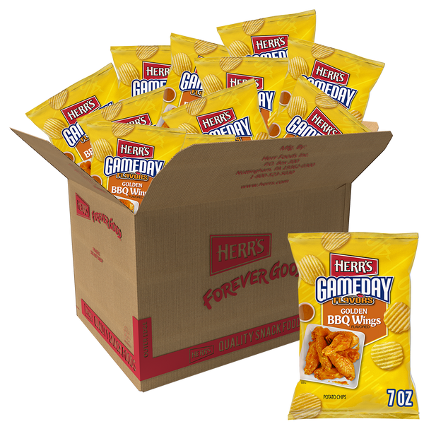 Herr's Gameday Flavors Golden BBQ Wings Potato Chips 7oz bag 12ct case