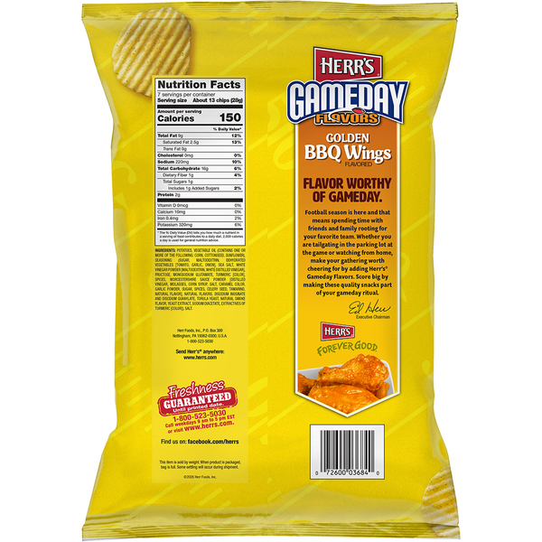 Herr's Gameday Flavors Golden BBQ Wings Potato Chips 7oz bag back