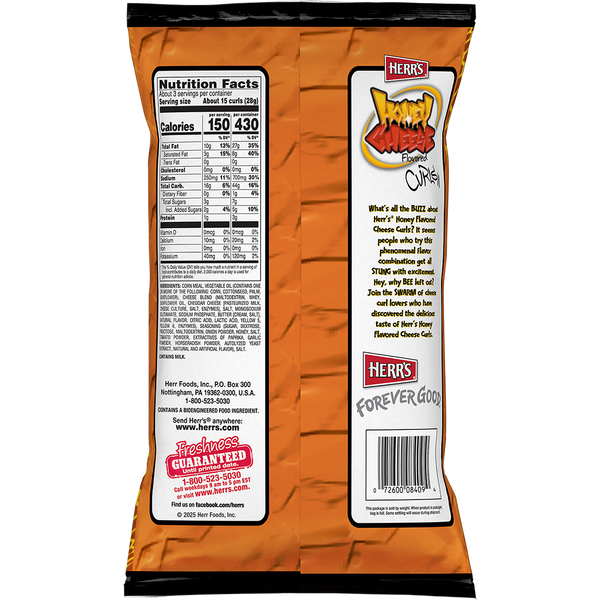 Herr's Honey Cheese Curls 2.75oz. bag back