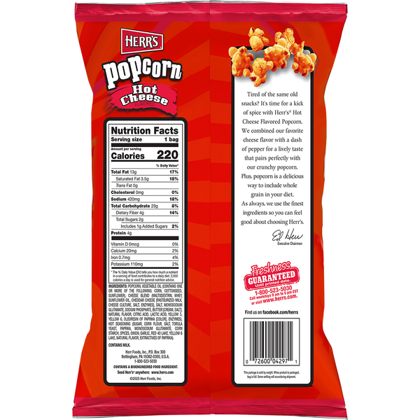 Herr's Hot Cheese Popcorn 1.5oz bag back