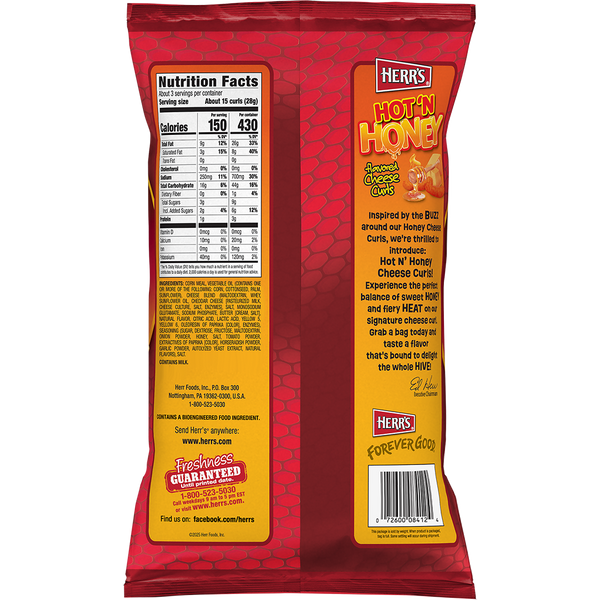 Herr's Hot N Honey Cheese Curls 2.75oz bag back