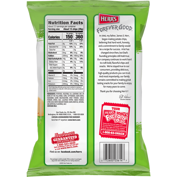 Herr's Long Hots and Sharp Provolone Flavored Chips 2.375oz back