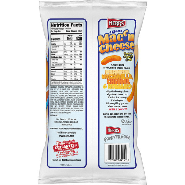 Herr's Mac 'N Cheese Curls 2.75oz bag back
