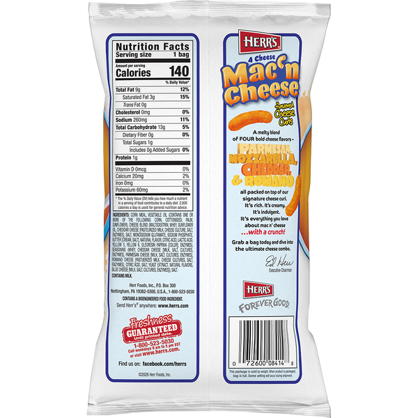 Herr's Mac 'N Cheese Curls .875oz bag back