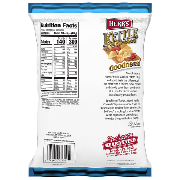 Herr's Boardwalk Salt & Vinegar Kettle Cooked Potato Chips 2.125oz. bag back