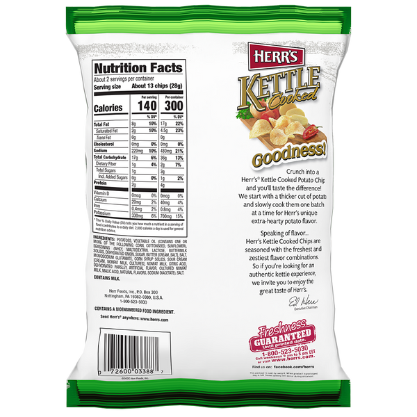 Herr's Sour Cream and Onion Kettle Cooked Potato Chips 2.125oz. bag back
