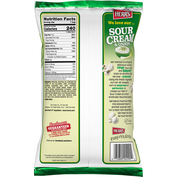 Herr's Sour Cream & Onion Flavored Popcorn 1.5oz back