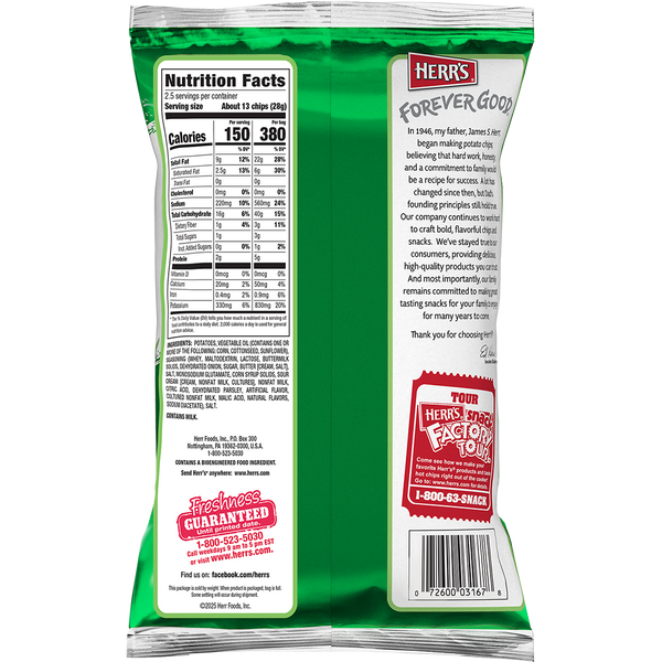 Sour Cream & Onion Potato Chips 2.5oz bag back