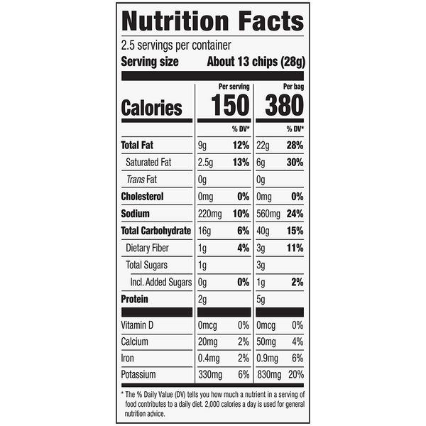Sour Cream & Onion Potato Chips 2.5oz bag nutrition