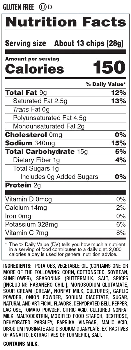 Nutrition Facts and Ingredients For Creamy Ranch & Habanero Ripple Potato Chips